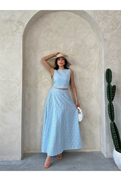 Viskosa Brode Double Set – Crop Top and High Waist Maxi Skirt Summer Combination"