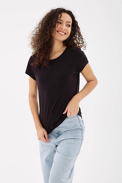 Fashion Friends Tricou negru pentru femei, 100% bumbac, cu gât crew 25Y0933K1