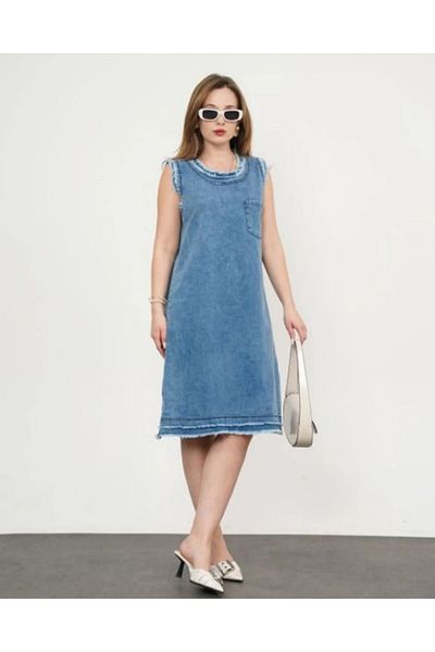 ozzıy34 Lycra Zero Sleeve Denim Dress