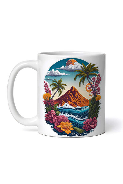 OEM Cană albă personalizată, peisaj cu palmieri, INOVATIX®. 330ml