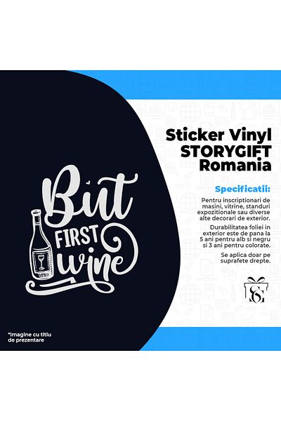 StoryGift Romania Sticker Exterior cu textul in engleza "But first wine" - dar prima data vin , Vinyl Alb, 9