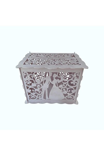 decoratiuniromania Cutie dar miri, cutie dar din lemn, cutie carduri pentru nunta, cutie bani, argintiu, 30x24x22.5CM