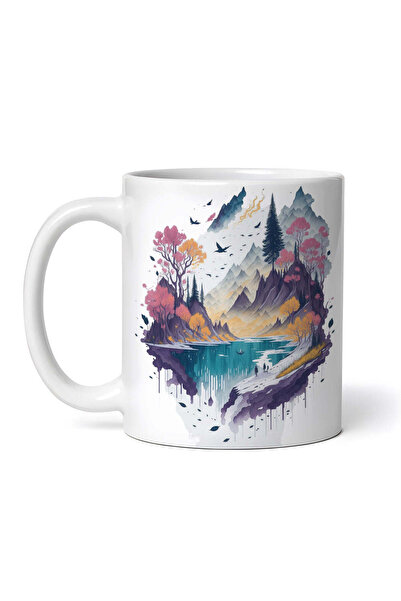 OEM Εξατομικευμένη λευκή κούπα, Ορεινό τοπίο με λίμνη, INOVATIX®. 330ml