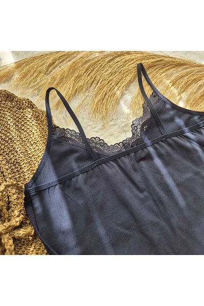 HS İÇ GİYİM Navy Blue Thin Strap V-Neck Lace Cotton Women's Undershirt