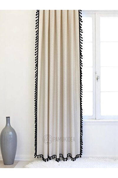 pamukidea Μαύρο Pompom - Φούντες 100% βαμβακερή λινό κουρτίνα - Μονό φτερό - (Εύρος X Μήκος)