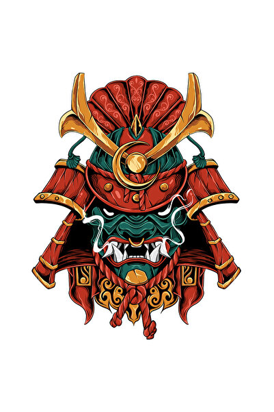 StoryGift Romania Sticker Adeziv 90CM Cu Casca De Samurai, Asiatic, Monstru, Omi, Demon, Fum, cu Margini Albe,