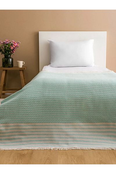 LC Waikiki Lcw Home Green Stripe Patterned Fringed Single Bedspread 130X170 cm