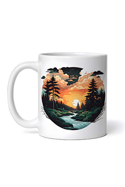 OEM Cană albă personalizată, peisaj forestier cu răsărit de soare, INOVATIX®....