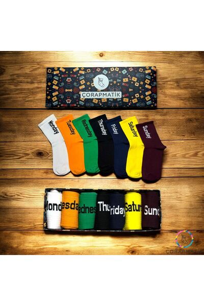 çorapmatik 7'li Özel Tasarım Kutulu %100 Pamuklu Renkli Haftanın Günleri Çora...