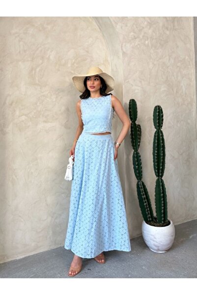 Viskosa Brode Double Set – Crop Top and High Waist Maxi Skirt Summer Combination"