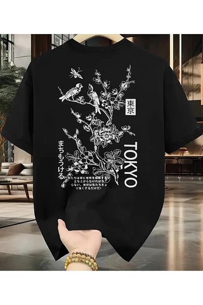 qubo sportswear & company Tricou negru cu mânecă scurtă, unisex, din bumbac, cu imprimeu supradimensionat