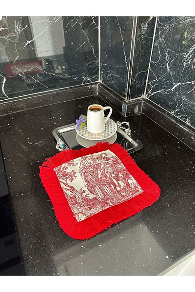 Karam Home Coffee Side Presentation Napkin, French Peasant Printed Napkin with Red Tassel, Cocktail Napkin