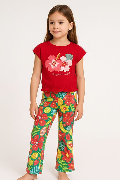 Nimini Kids Tropical Girl 3-7 Years Old T-Shirt and Leggings Set - Elastic Gather Detailed Spanish Leg