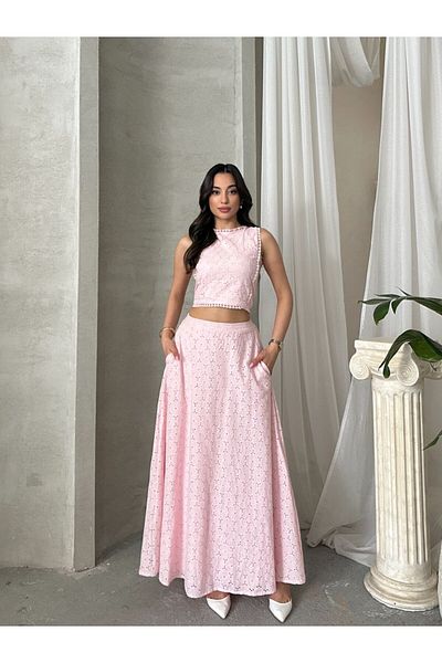 Viskosa Brode Double Set – Crop Top and High Waist Maxi Skirt Summer Combination"