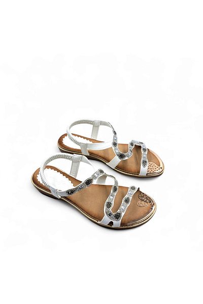 Guja Elastic Soft Sole Stone 3 cm Low Heeled White Stylish Sandals
