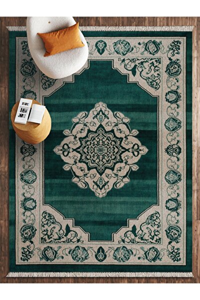HALIZZON Zümrüt Yeşili Saray Desenli Halı Sofistike Lüks Dijital Baskı Halı
