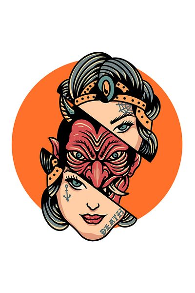 StoryGift Romania Sticker Autocolant 70CM Cu Cerc, Portret, Femeie, Demon, Jumatate, Colti, Tatuaje, cu Margini