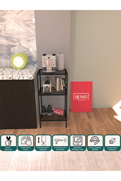 Mienmo Tuli Metal Dekoratif Kahve Köşesi Konsol Siyah Füme Cam Mutfak Bangosu Çok Amaçlı Mikrodalga Rafı