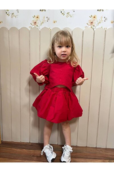 ARBİ kids Girl's Red Balloon Skirt Poplin Stylish Festive Suit