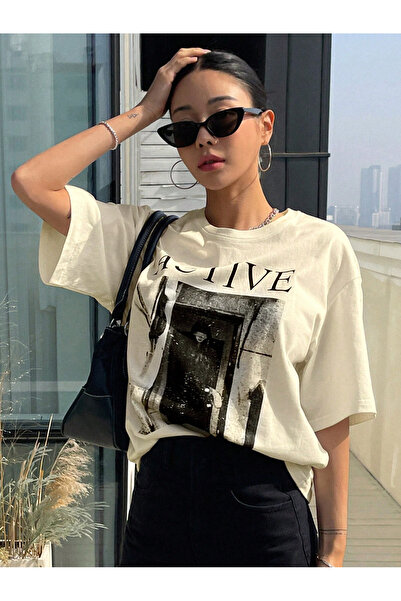 H&GHAMLEGİYİM - Tricou oversize cu imprimeu Active pentru femei, bej - Bumbac...