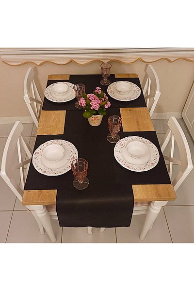 Perisfer Washable Practical Placemat for 12 People + Runner Set Kitchen Table Cloth Black