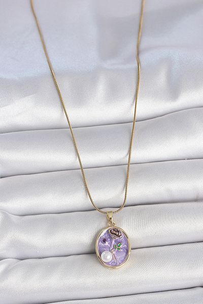 Skygo 316L Steel Gold Color Chain Purple Flower Embroidered Pearl Detail Portrait Model Women's Necklace - Tj-Bko10078