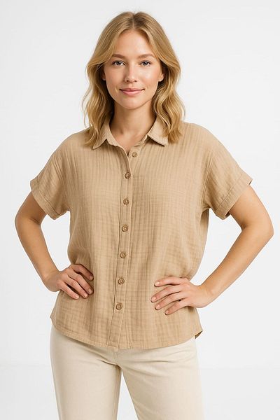 enmodaiçgiyim 100% Cotton Muslin Fabric Short Sleeve Women's Shirt
