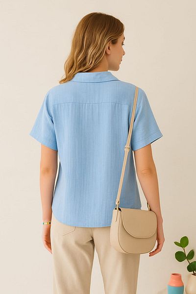 enmodaiçgiyim Γυναικείο πουκάμισο BEBE BLUE 100% βαμβακερό ύφασμα μουσελίνας κοντομάνικο