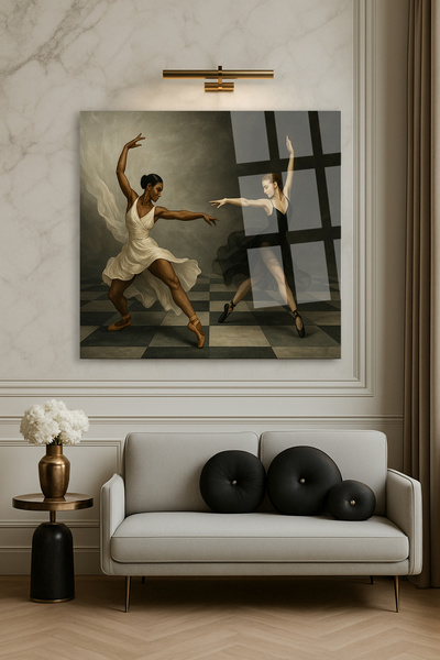 TAULART FEMEI care dansează pe o tablă de șah, design, pictură modernă pătrat...