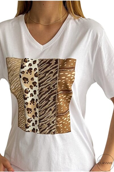 Cassime Tricou alb de mărime mare, 100% bumbac, brodat cu paiete, cu paiete l...