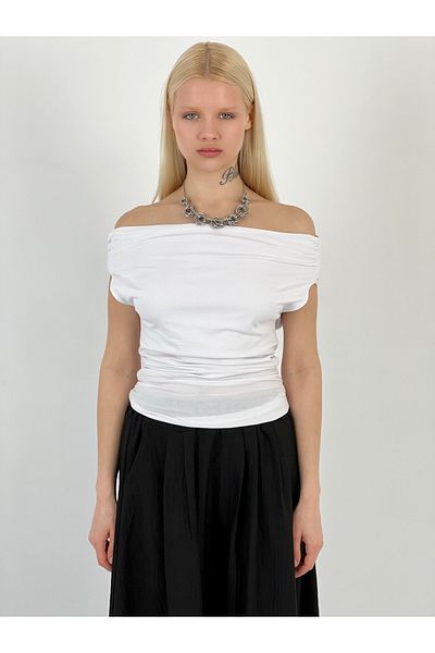 Miss Poem Women's Off Shoulder Shirred White T-Shirt