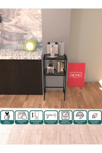Mienmo Rain Metal Dekoratif Kahve Köşesi Konsol Siyah Füme Cam Mutfak Bangosu Çok Amaçlı Mikrodalga Rafı