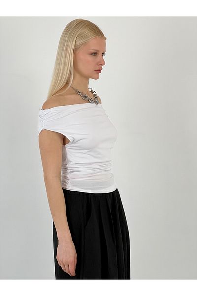 Miss Poem Women's Off Shoulder Shirred White T-Shirt