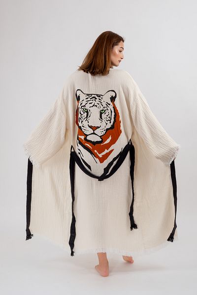 Befera Design Muslin Kimono 100% Cotton Tiger Printed Patterned Bathrobe Kaftan Dressing Gown