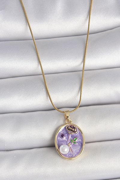 Skygo 316L Steel Gold Color Chain Purple Flower Embroidered Pearl Detail Portrait Model Women's Necklace - Tj-Bko10078