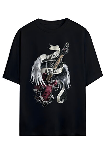 MAGORS أجنحة الملاك الصخرية: تي شيرت كبير الحجم للجنسين مطبوع عليه جيتار وAng...