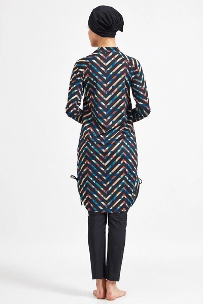 Bordomix 4306 Black Patterned Hijab Swimsuit with Adjustable Hem