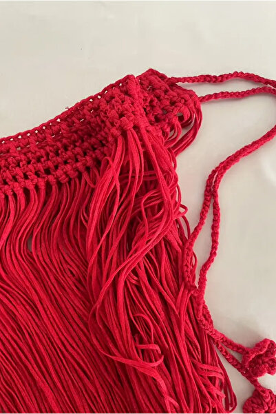 pistore Kırmızı Püsküllü Tığ Örme Pareo Etek