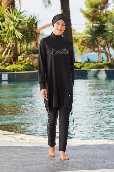 Bordomix 4241 Women's Black Lacing Detailed Smile Hijab Swimsuit