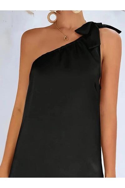 modaserdem Women's One Shoulder Strap Ribbon Detailed Slit Long Janjan Crepe Dress