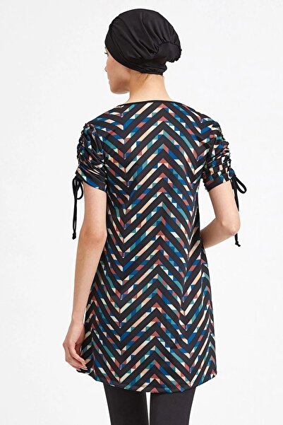 Bordomix 3410 Women's Black Patterned Sleeve Shirred Short Sleeve Swimsuit Set