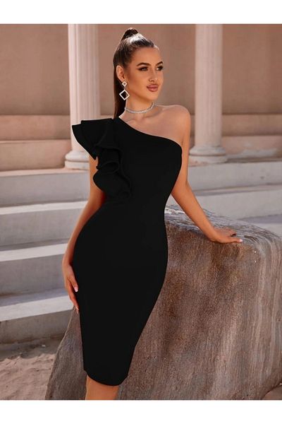 Butik Women's One Shoulder Open the Other Shoulder Flywheel Detail Midi Imported Crepe Dress