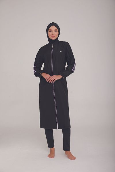 Bordomix 1314 Women's Black Zipper Detailed Long Hijab Swimsuit