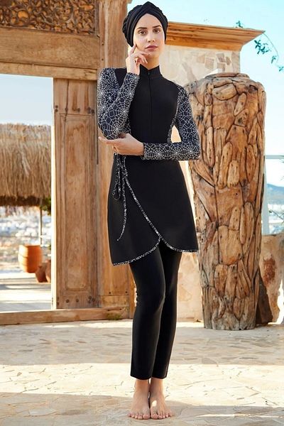 Bordomix 4358 Women's Black Swimsuit Convertible Skirt Hijab Swimsuit