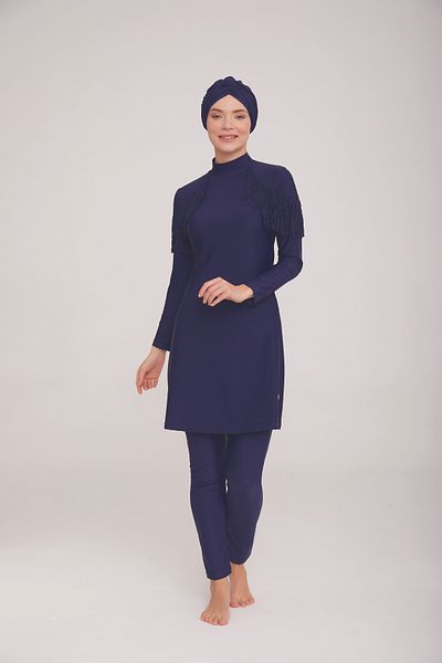 Bordomix 4105 Women's Navy Blue Shoulder Tassel Detailed Hijab Swimsuit