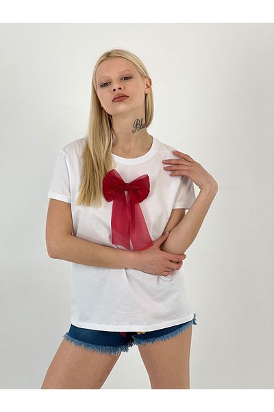 Miss Poem Women's Removable Bow Detailed White T-Shirt