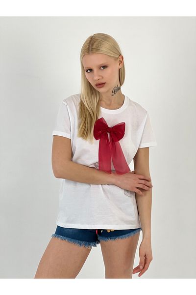 Miss Poem Women's Removable Bow Detailed White T-Shirt