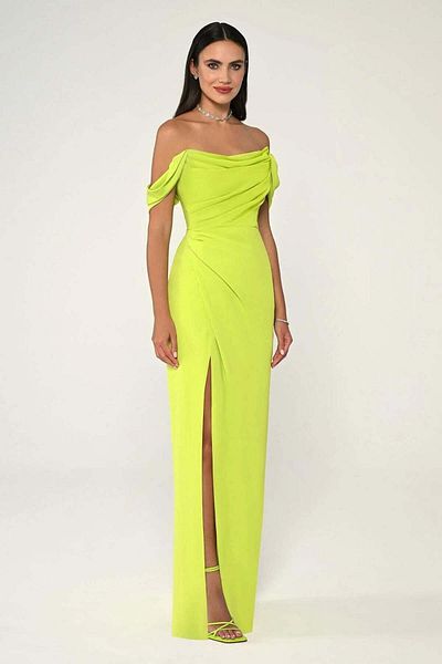 ALFABETA Off Shoulder Side Slit Crepe Long Evening Dress