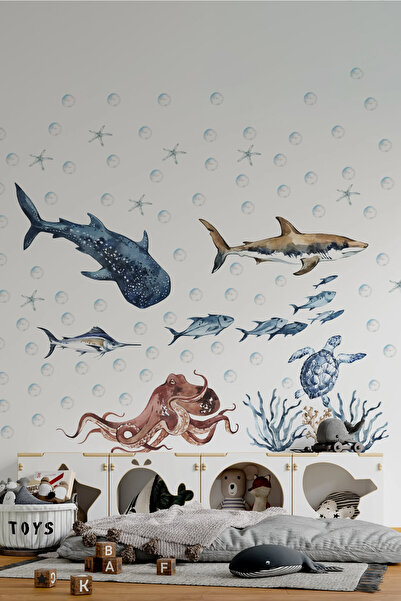 KT Decor Underwater World Ocean Creatures Watercolor Wall Sticker Set