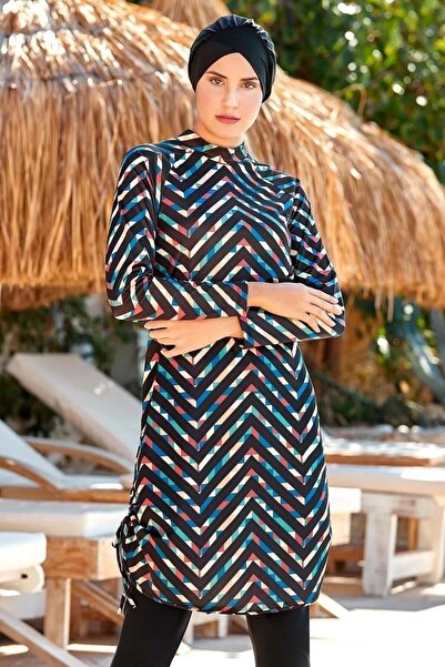 Bordomix 4306 Black Patterned Hijab Swimsuit with Adjustable Hem